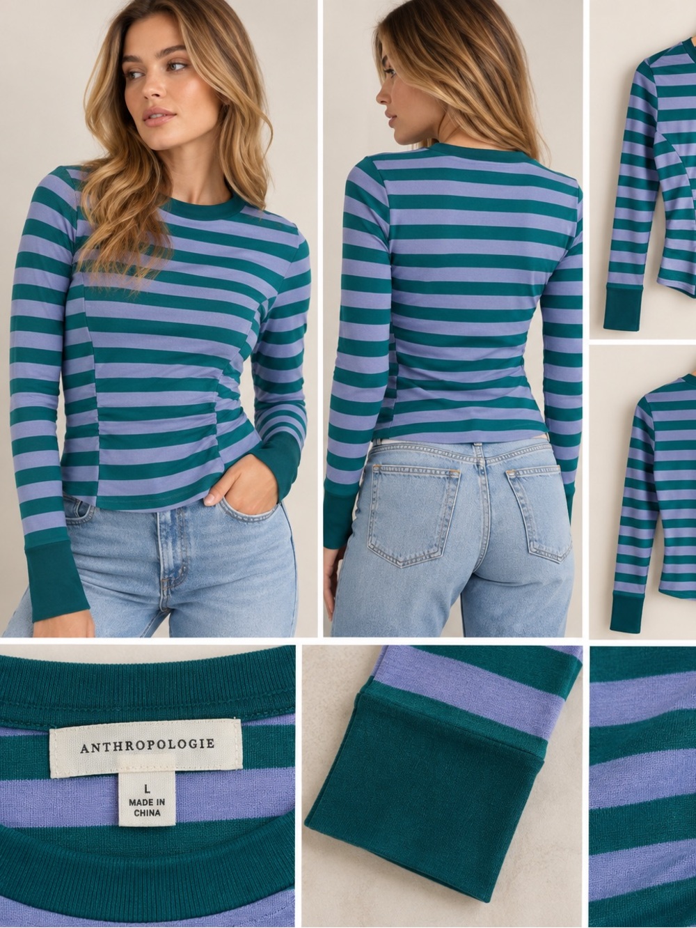 Anthropologie Teal Purple Striped Long Sleeve Top Size L